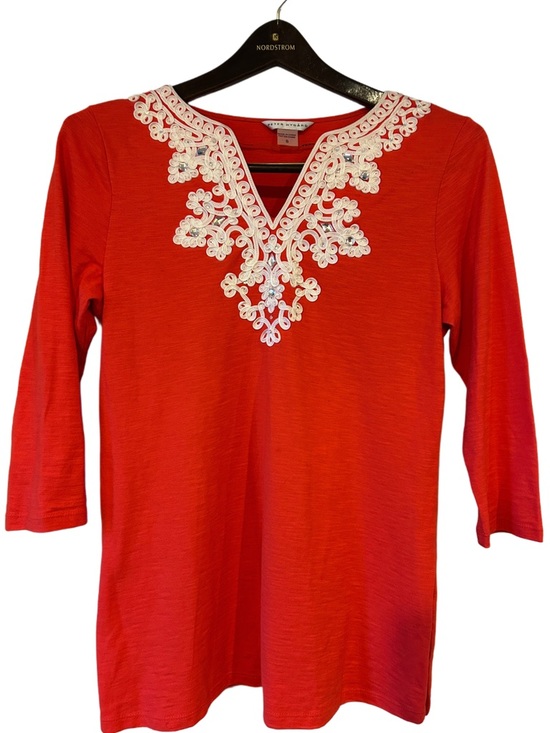 Peter Nygard Tops - Peter Nygard Red Tunic with White Embroidery and Rhinestone V-Neck